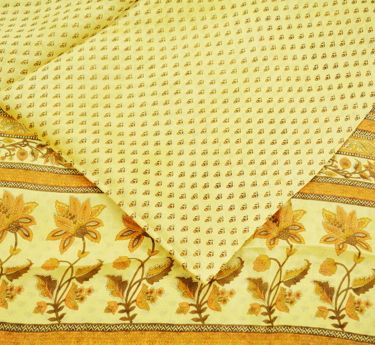 Indian Vintage Sari Beige 100% Pure Silk Printed Saree 5rd Sewing Craft Fabric DressMaking  Soft Floral