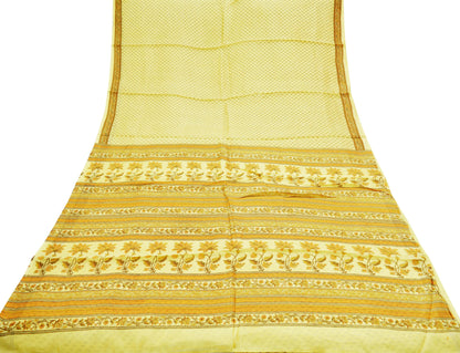 Indian Vintage Sari Beige 100% Pure Silk Printed Saree 5rd Sewing Craft Fabric DressMaking  Soft Floral