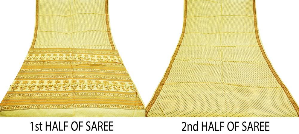 Indian Vintage Sari Beige 100% Pure Silk Printed Saree 5rd Sewing Craft Fabric DressMaking  Soft Floral