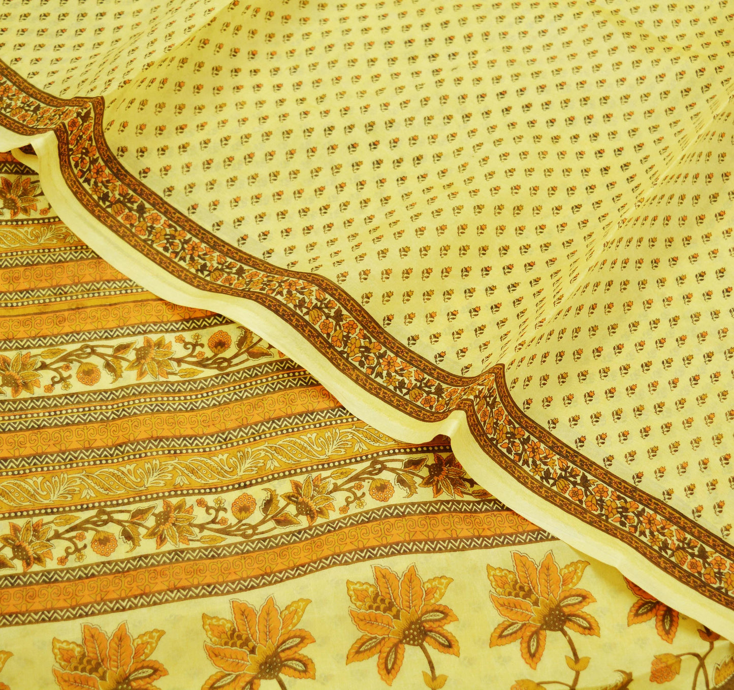 Indian Vintage Sari Beige 100% Pure Silk Printed Saree 5rd Sewing Craft Fabric DressMaking  Soft Floral