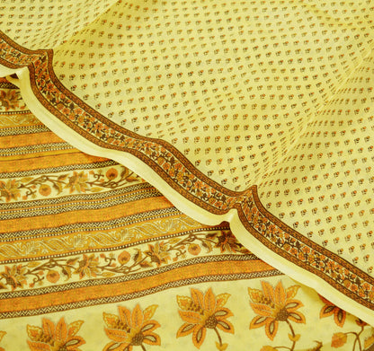 Indian Vintage Sari Beige 100% Pure Silk Printed Saree 5rd Sewing Craft Fabric DressMaking  Soft Floral