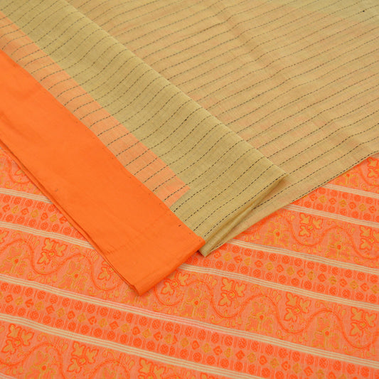 Vintage Sari Beige Pure Cotton Hand Woven Sarees Golden Zari 5Yd Craft Fabric Floral Golden Zari Dress making Crafting Quilting Upcycle