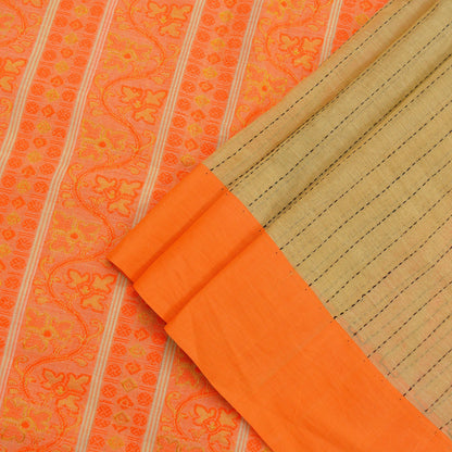 Vintage Sari Beige Pure Cotton Hand Woven Sarees Golden Zari 5Yd Craft Fabric Floral Golden Zari Dress making Crafting Quilting Upcycle