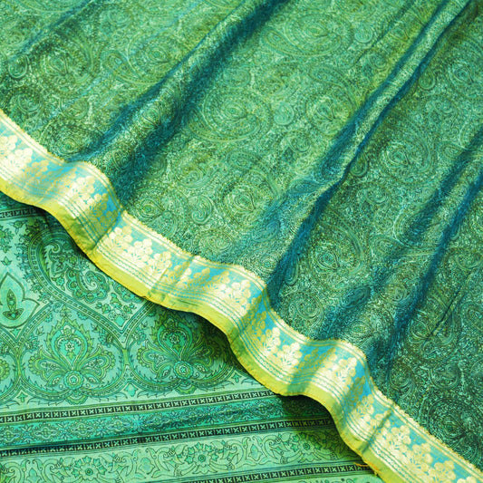 Indian Vintage Sarees Green Pure Silk Printed Sari 5yd Sewing Craft Fabric Soft Dress Designing for Crafting Floral Zari Border Quilting