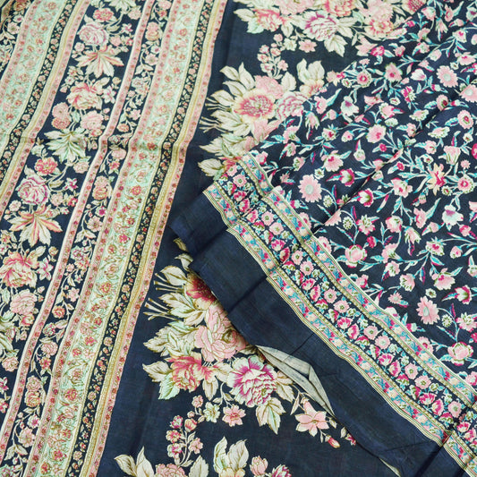 Indian Vintage Sari Deep Blue 100% Pure Silk Printed Sarees 5yd Sewing Craft Fabric Dress Making Floral Wrap used Quilting Crafting Upcycle