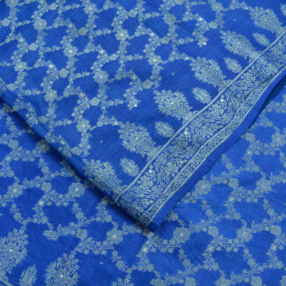 Indian Vintage Blue Sarees Pure Tussar Silk Hand Woven Sari Craft Fabric 5Yd Sewing Ethnic Dress making Upcycle Crafting Quilting