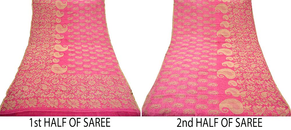 Indian Vintage Sari Pink Pure Georgette Silk Woven Block Printed Sarees 5Yd Craft Fabric Sewing Soft Dress Making Woven Zari Border Quilting