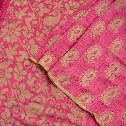 Indian Vintage Sari Pink Pure Georgette Silk Woven Block Printed Sarees 5Yd Craft Fabric Sewing Soft Dress Making Woven Zari Border Quilting