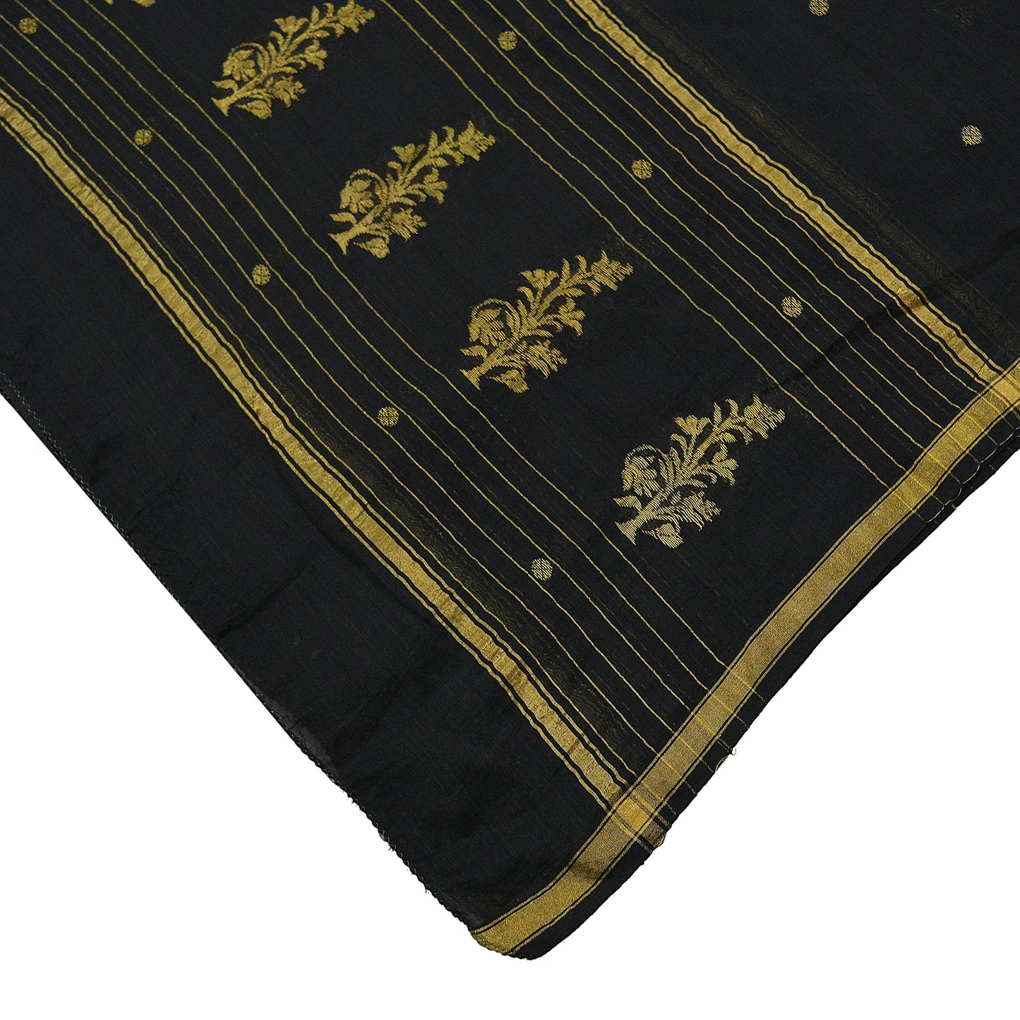 Indian Vintage Black Dupatta Long Stole Block Print Pure Chanderi Silk Scarves Veil Zari