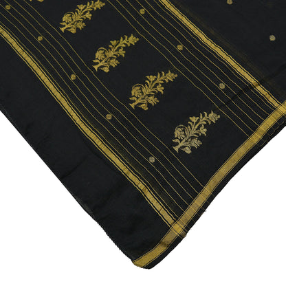 Indian Vintage Black Dupatta Long Stole Block Print Pure Chanderi Silk Scarves Veil Zari