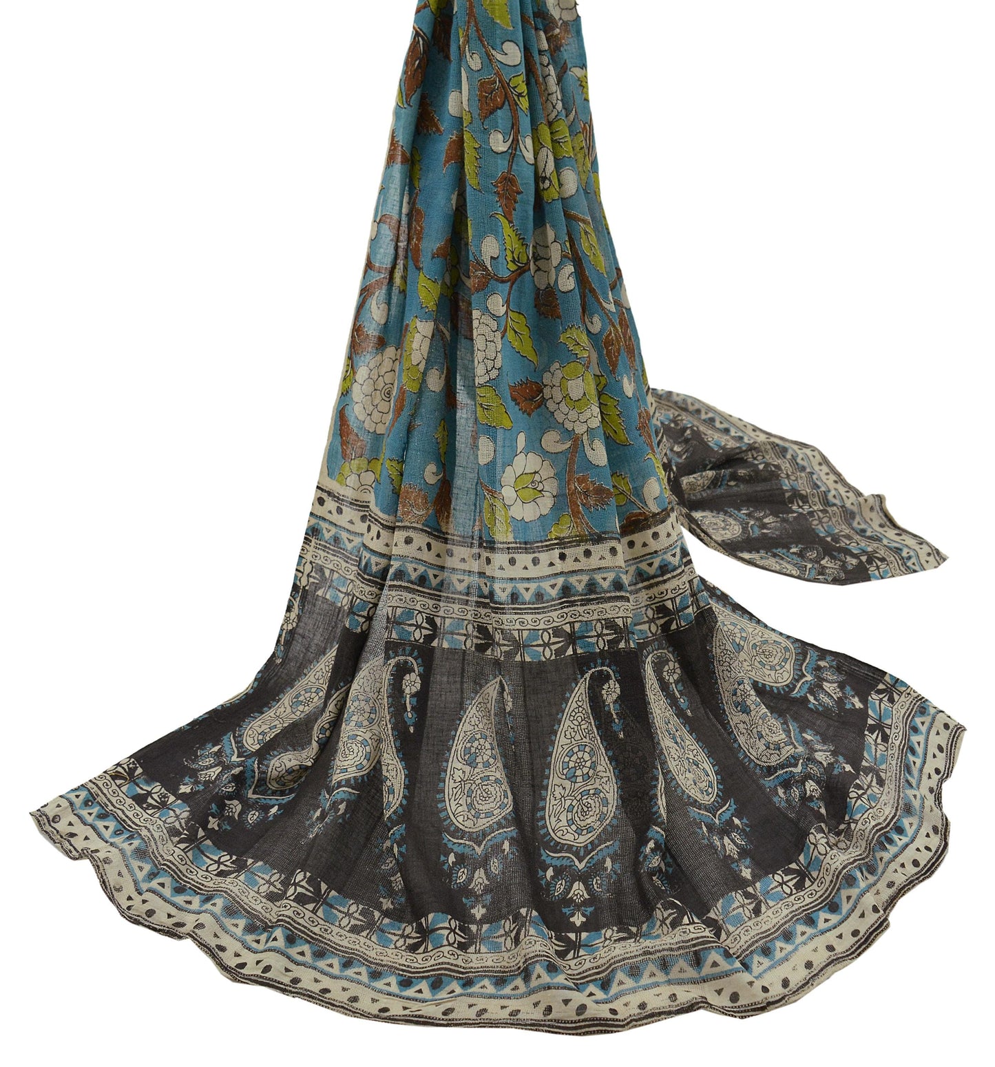 Indian Vintage Brown & Blue Dupatta Long Stole Block Print Pure Cotton Indian Scarves Scarf Veil Wrap Boho Soft Paisley