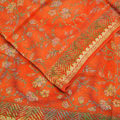 Indian Vintage Sari Orange Pure Chiffon Silk Printed Sarees 5Yd Craft Fabric Sewing Soft Light Sari Dress Making Golden Zari Border Quilting