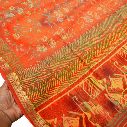 Indian Vintage Sari Orange Pure Chiffon Silk Printed Sarees 5Yd Craft Fabric Sewing Soft Light Sari Dress Making Golden Zari Border Quilting