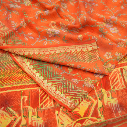 Indian Vintage Sari Orange Pure Chiffon Silk Printed Sarees 5Yd Craft Fabric Sewing Soft Light Sari Dress Making Golden Zari Border Quilting