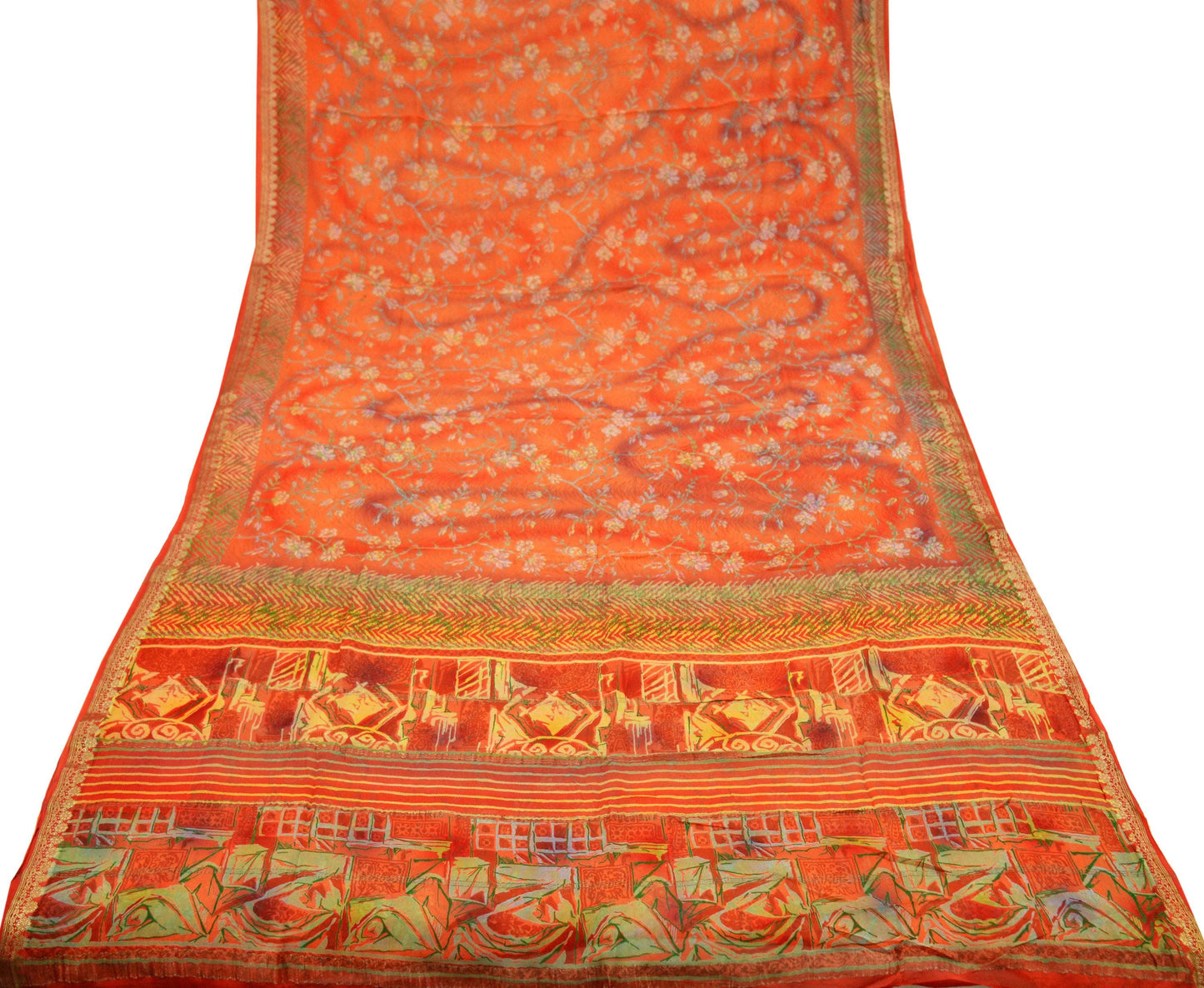 Indian Vintage Sari Orange Pure Chiffon Silk Printed Sarees 5Yd Craft Fabric Sewing Soft Light Sari Dress Making Golden Zari Border Quilting