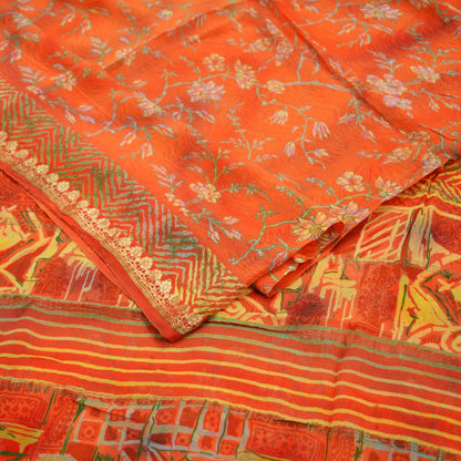 Indian Vintage Sari Orange Pure Chiffon Silk Printed Sarees 5Yd Craft Fabric Sewing Soft Light Sari Dress Making Golden Zari Border Quilting