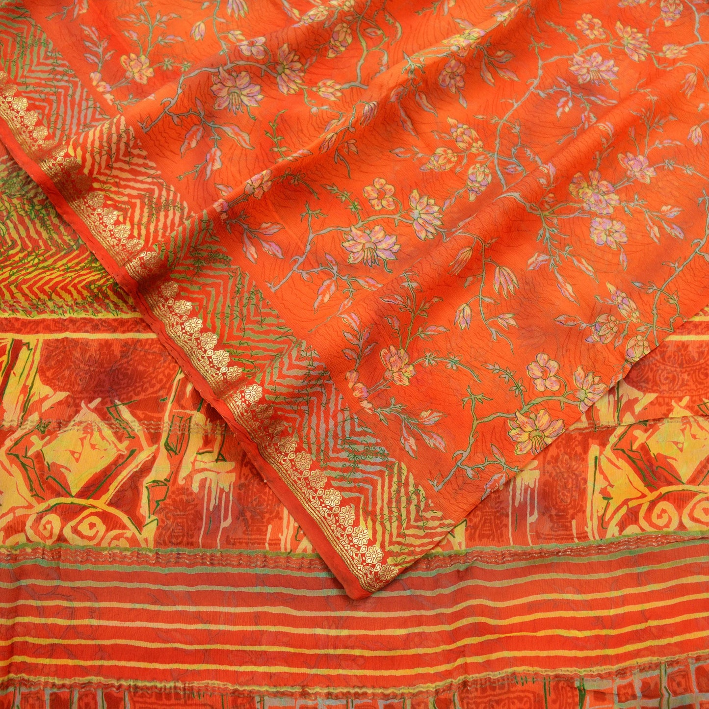 Indian Vintage Sari Orange Pure Chiffon Silk Printed Sarees 5Yd Craft Fabric Sewing Soft Light Sari Dress Making Golden Zari Border Quilting