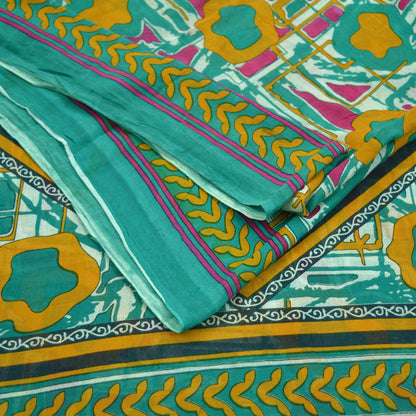 Indian Vintage Sari Green Printed Pure Cotton Saree Craft Fabric 5Yd Soft Sewing Sarong Wrap Boho Geometric Upcycle used Quilting