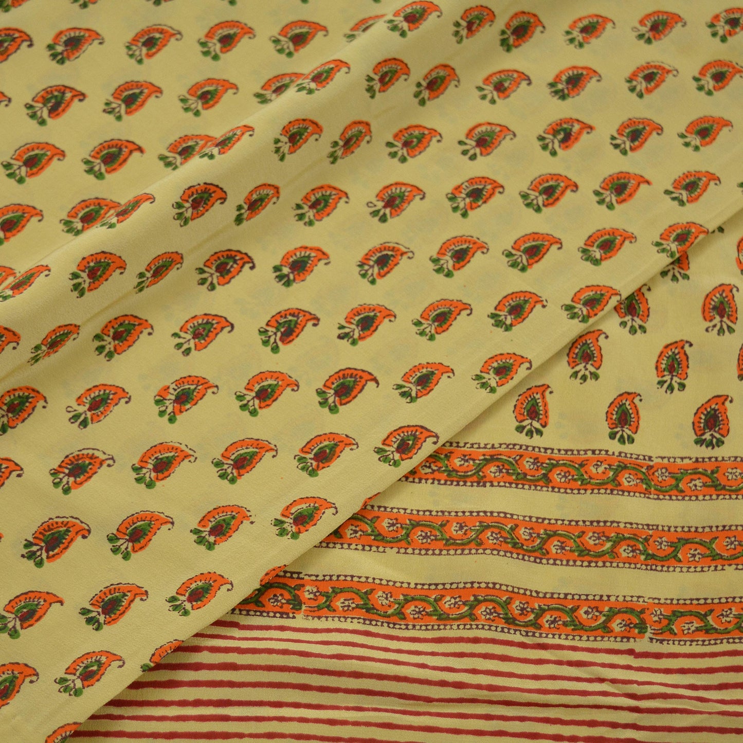 Indian Vintage Sari Beige Pure Crepe Silk Block Printed Sarees 5yd Sewing Floral Soft Craft Fabric Wrap Dress making Upcycle Crafting