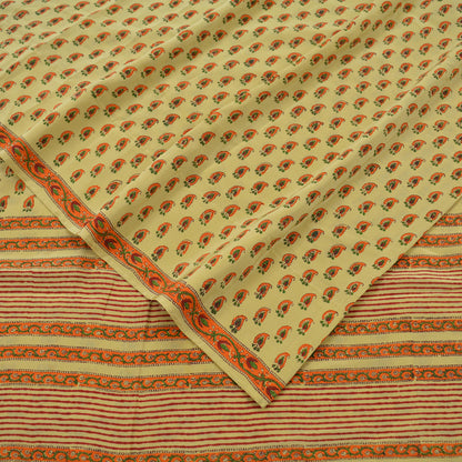 Indian Vintage Sari Beige Pure Crepe Silk Block Printed Sarees 5yd Sewing Floral Soft Craft Fabric Wrap Dress making Upcycle Crafting