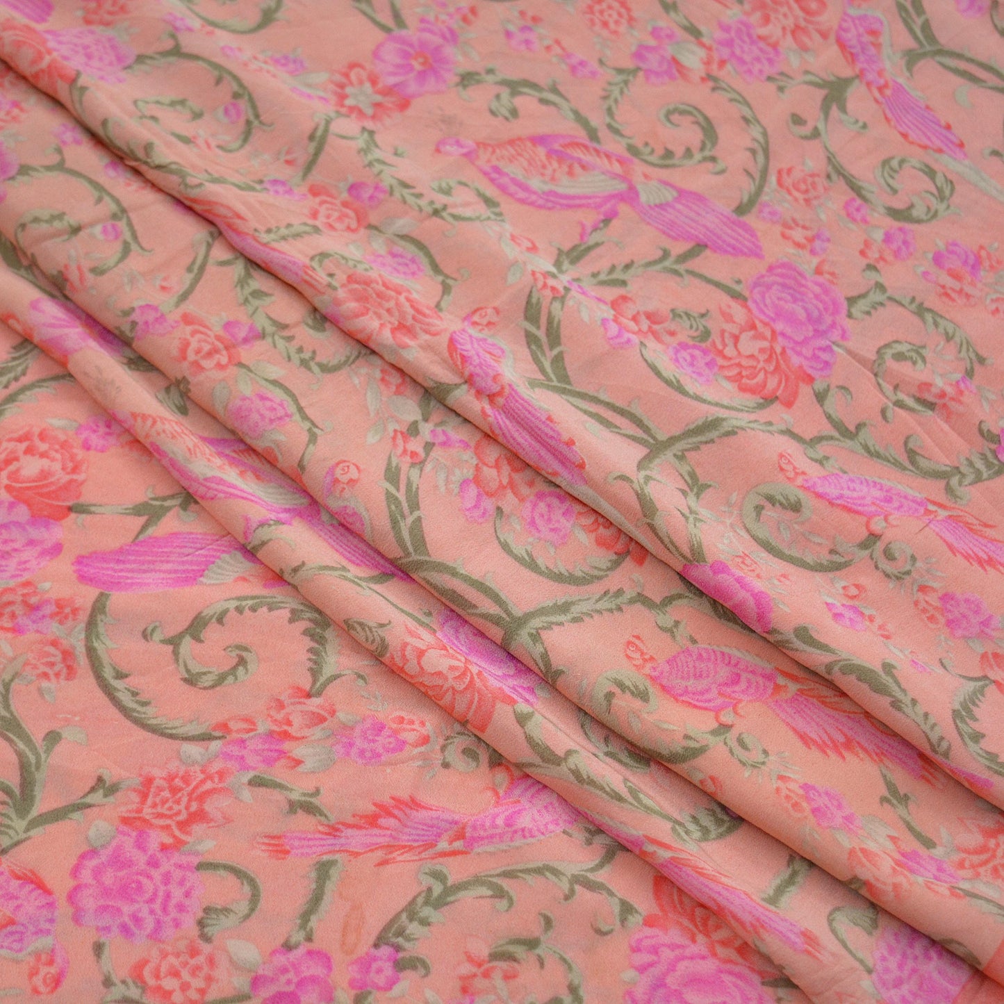 Indian Vintage Sari Peach Pure Crepe Silk Printed Sarees 6yd Craft Fabric Sewing Soft Wrap Peacock Upcycle Quilting Dress Making Crafting