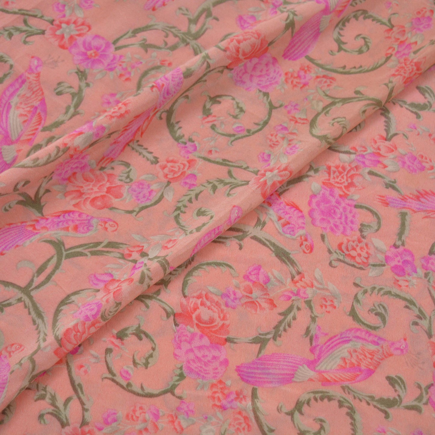 Indian Vintage Sari Peach Pure Crepe Silk Printed Sarees 6yd Craft Fabric Sewing Soft Wrap Peacock Upcycle Quilting Dress Making Crafting