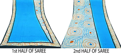 Indian Vintage Sari Blue & Ivory Pure Crepe Silk Printed Sarees 5yd Sewing Floral Craft Fabric Wrap Quilting Upcycle Crafting Dress making