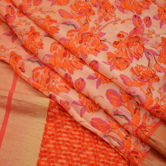 Indian Women Vintage Sari Peach & Orange Blend Georgette Printed Sarees Sewing 5yd Soft Craft Floral Wrap Boho Zari