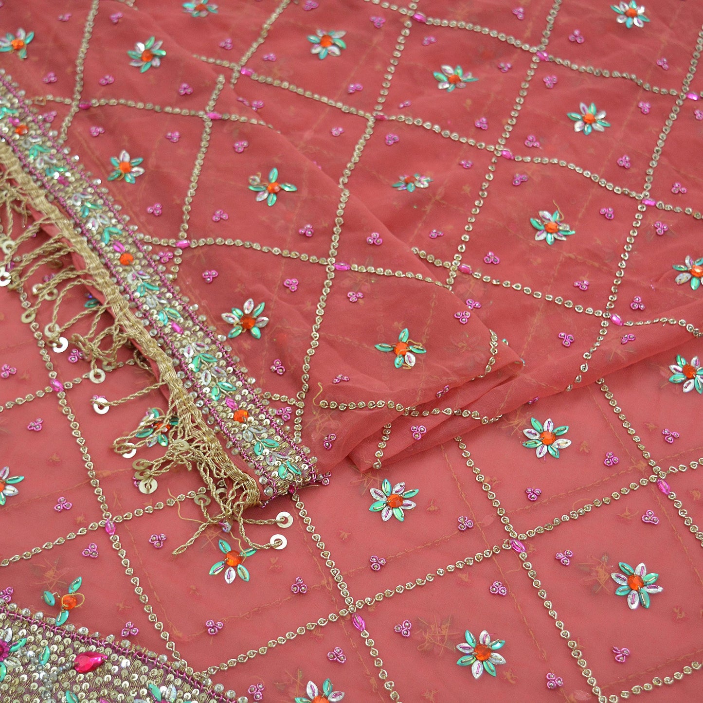 Indian Vintage Heavy Bridal Pink Dupatta Pure Georgette Silk Long Stole Hand Embroidered Scarf Zardozi/Dabka Wedding red Hijab veil Boho