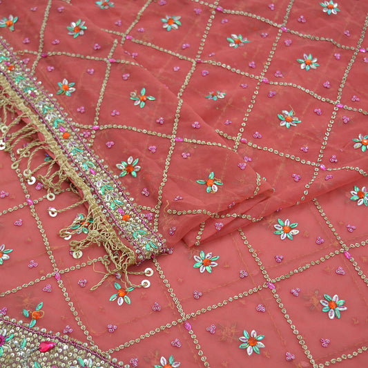 Indian Vintage Heavy Bridal Pink Dupatta Pure Georgette Silk Long Stole Hand Embroidered Scarf Zardozi/Dabka Wedding red Hijab veil Boho