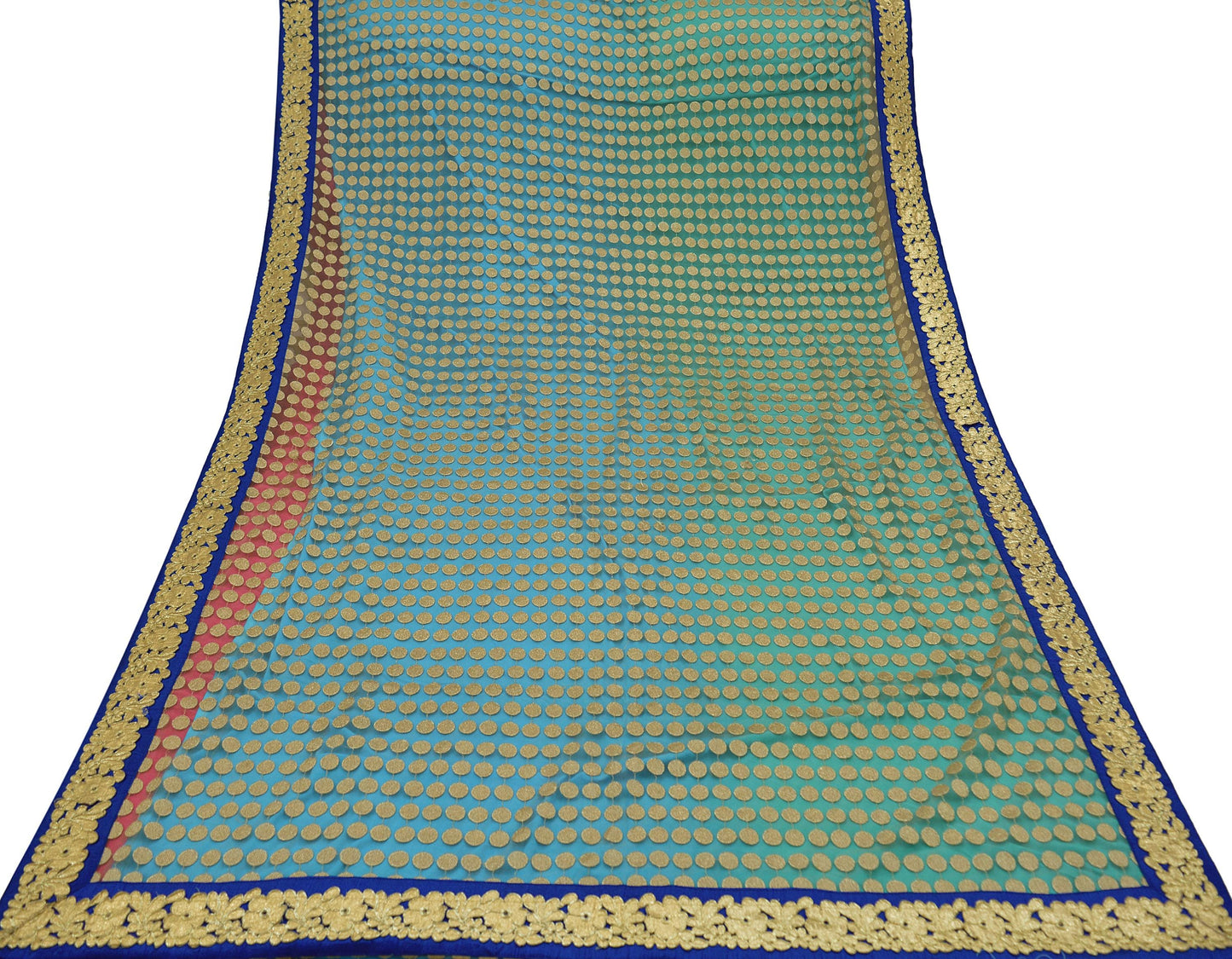 Indian Vintage Blue & Beige Saree Crepe Net Hand Beaded Sari Fabric 5Yd Sewing Soft Ethnic Wedding Sarees