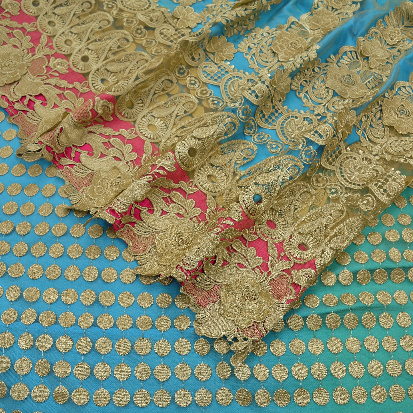 Indian Vintage Blue & Beige Saree Crepe Net Hand Beaded Sari Fabric 5Yd Sewing Soft Ethnic Wedding Sarees