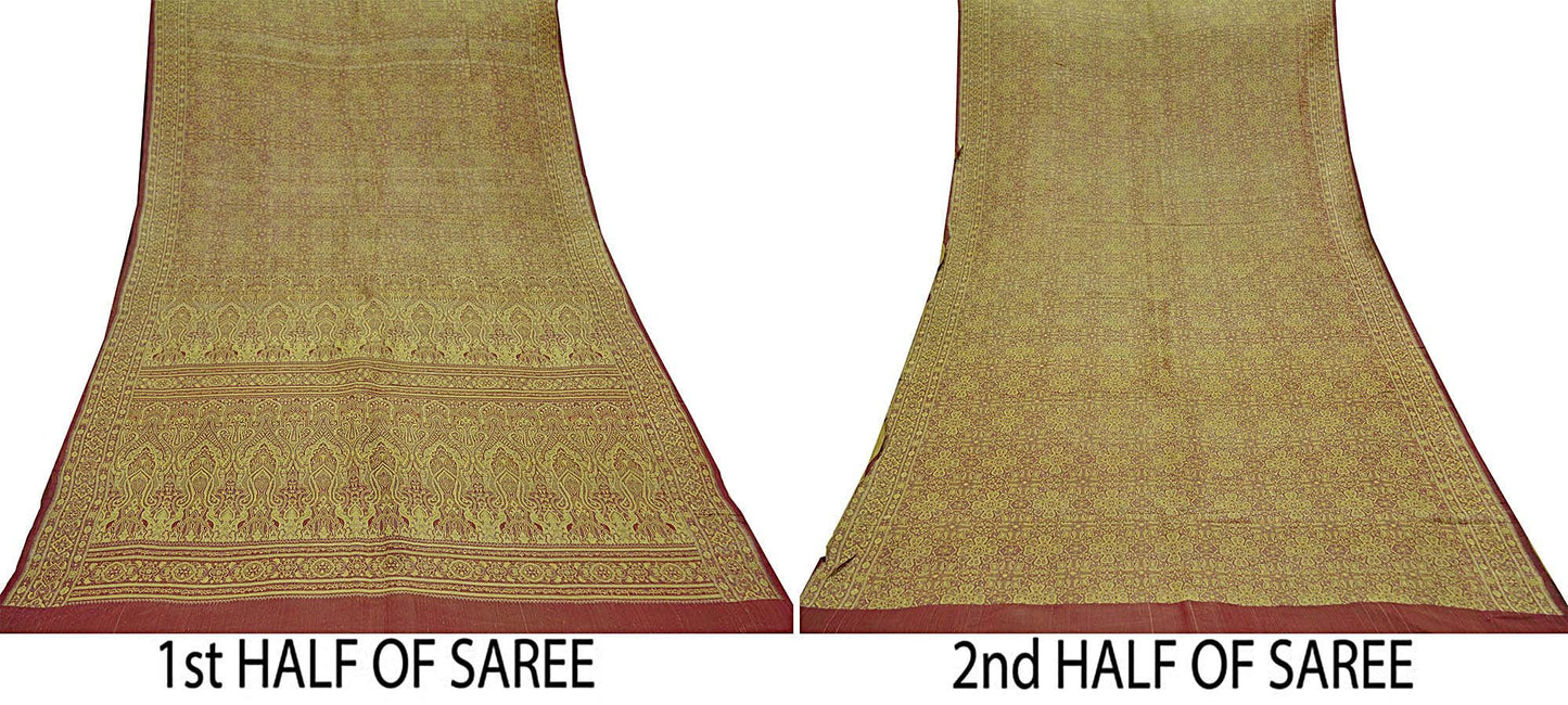 Indian Vintage Golden Maroon Heavy Wedding Saree Woven Brocade Banarasi Sari Craft Fabric Zari 5Yd Dress Making Quilting Upcycle Crafting