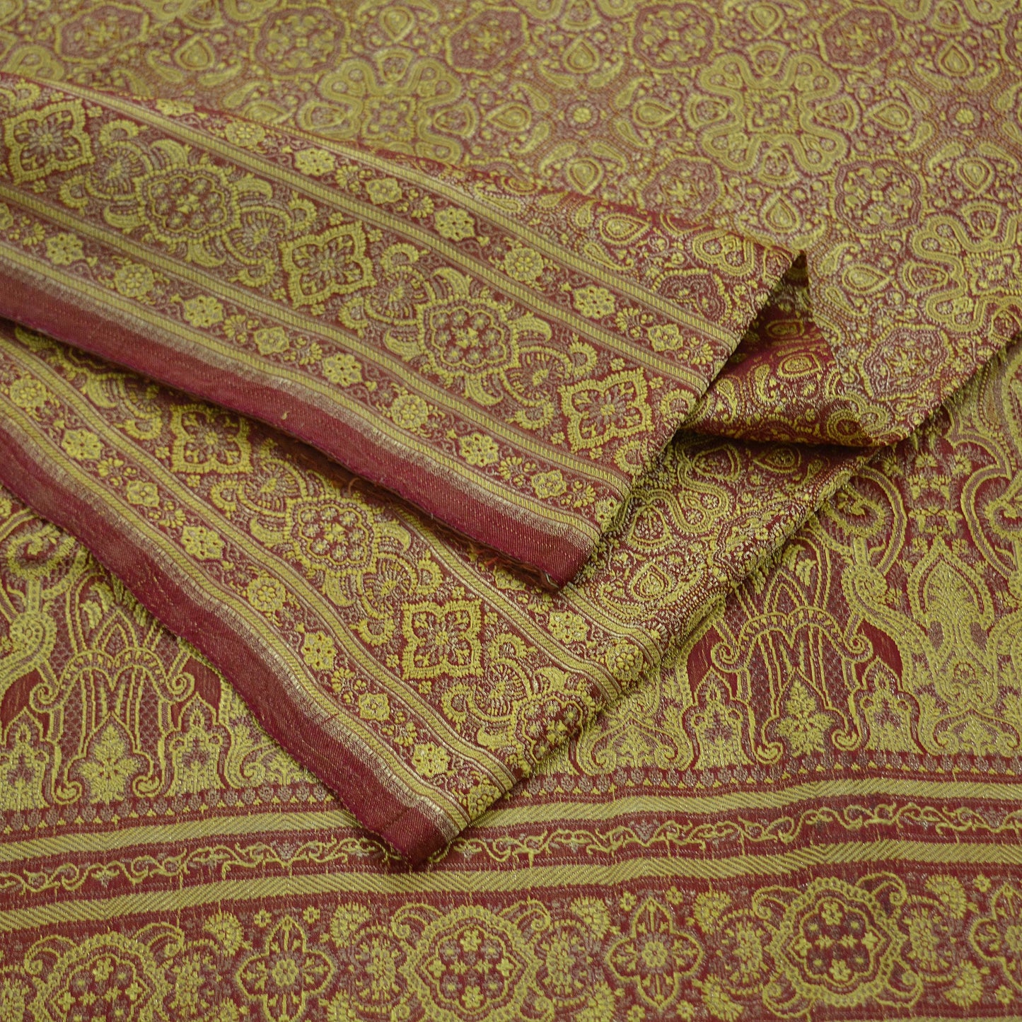 Indian Vintage Golden Maroon Heavy Wedding Saree Woven Brocade Banarasi Sari Craft Fabric Zari 5Yd Dress Making Quilting Upcycle Crafting