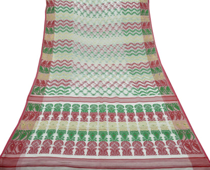 Indian Vintage Sarees White Pure Cotton Hand Woven Jamdani Sari 5yd Ethnic Floral Craft Fabric Dress making Upcycle Crafting Quilting Zari