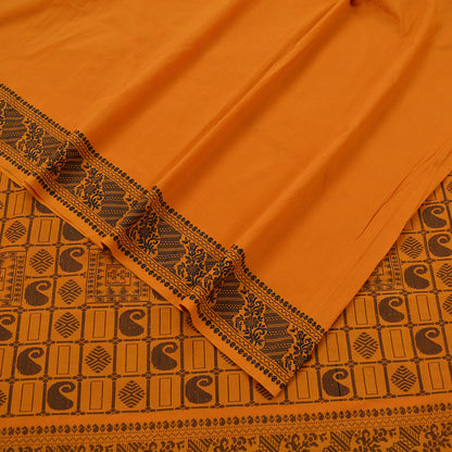 Indian Vintage Sari Saffron Pure Cotton Hand Woven Baluchari Saree Craft Fabric 5yd Ethnic Humans Fringes Paisley Crafting Upcycle Quilting