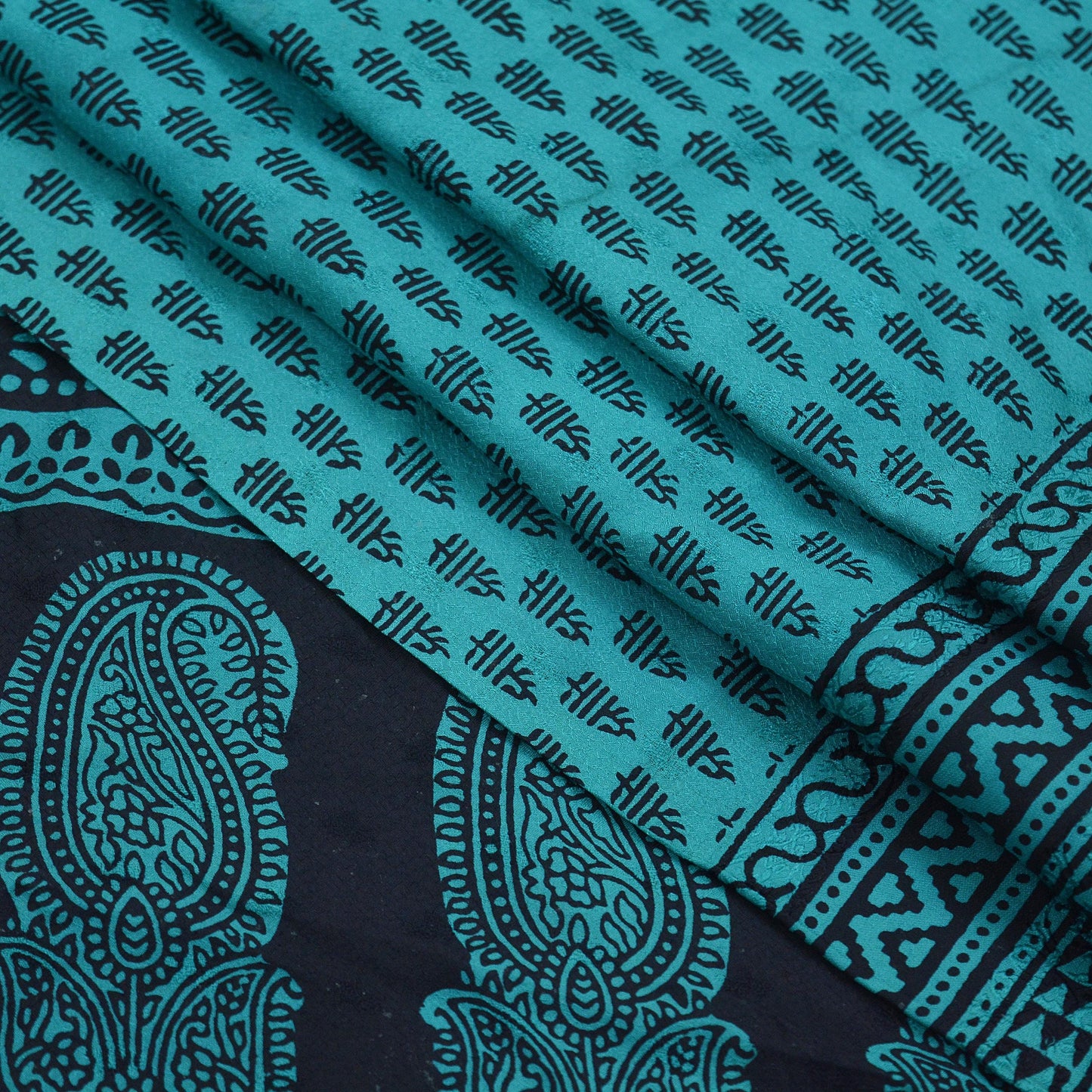 Indian Vintage Green & Black Sarees Hand Block Printed Sari Pure Silk Craft Fabric 6Yd Floral Soft Quilting Crafting Upcycle