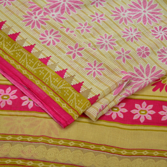 Indian Vintage Sari Beige Printed Saree 100% Pure Cotton 5Yd Craft Fabric Soft Sewing Sarong Wrap Floral Quilting Dress designing Upcycle