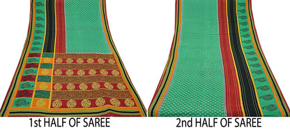 Indian Vintage Sari Green & Red Printed Pure Cotton Saree Craft Fabric 5Yd Sewing Sarong Wrap Boho Floral Crafting Upcycle Quilting Used