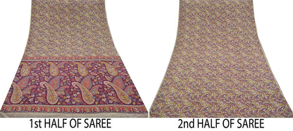 Indian Vintage Sari Cream Pure Crepe Silk Printed Sarees 5yd Sewing Paisley Soft Craft Fabric Wrap Dress making Quilting Crafting Upcycle