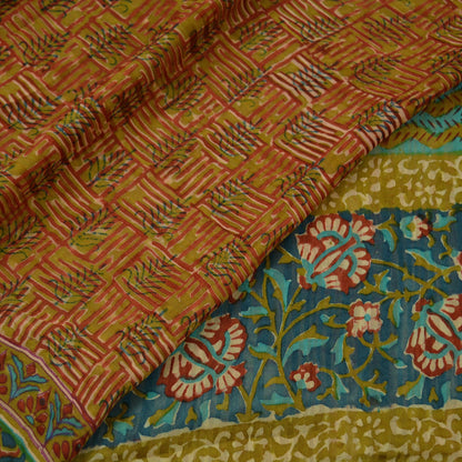 Women Vintage Sari Red & Green 100% Pure Georgette Silk Printed Saree Craft Fabric Sewing 5Yd Soft Dress Making Quilting Crafting Upcycle