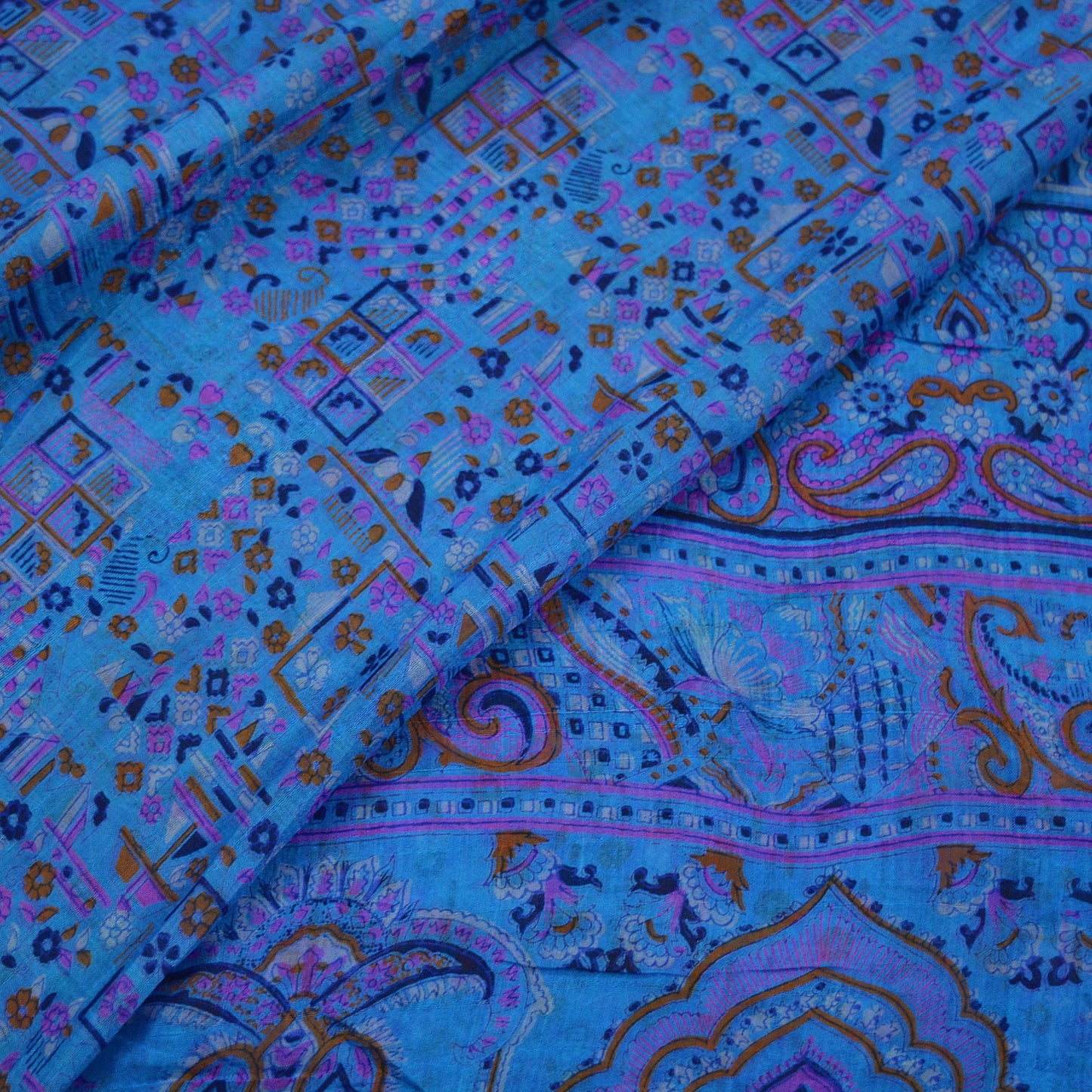 Indian Vintage Sari Blue 100% Pure Silk Printed Sarees 5yd Sewing Craft Fabric Dress Making Floral Wrap used Quilting Crafting Upcycle