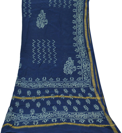 Indian Vintage Blue Dupatta Long Stole Block Print Pure Chanderi Silk Indian Scarves Veil Golden Zari Paisley Design