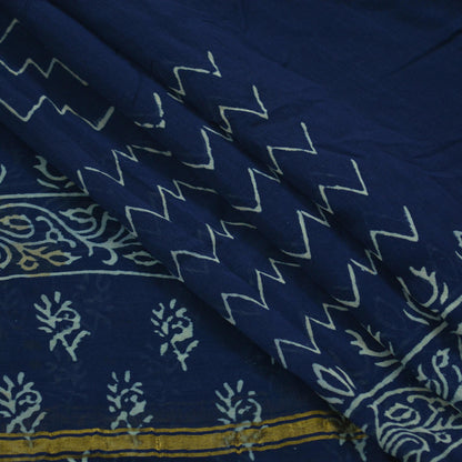 Indian Vintage Blue Dupatta Long Stole Block Print Pure Chanderi Silk Indian Scarves Veil Golden Zari Paisley Design