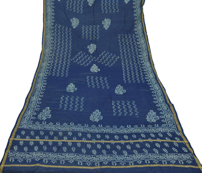 Indian Vintage Blue Dupatta Long Stole Block Print Pure Chanderi Silk Indian Scarves Veil Golden Zari Paisley Design