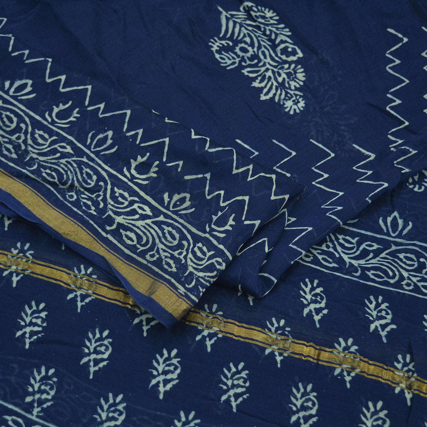 Indian Vintage Blue Dupatta Long Stole Block Print Pure Chanderi Silk Indian Scarves Veil Golden Zari Paisley Design