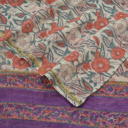 Indian Vintage Ivory & Purple Dupatta Long Stole Block Print Pure Chanderi Silk Scarves Veil Paisley Upcycle Party wear hijab Zari Border