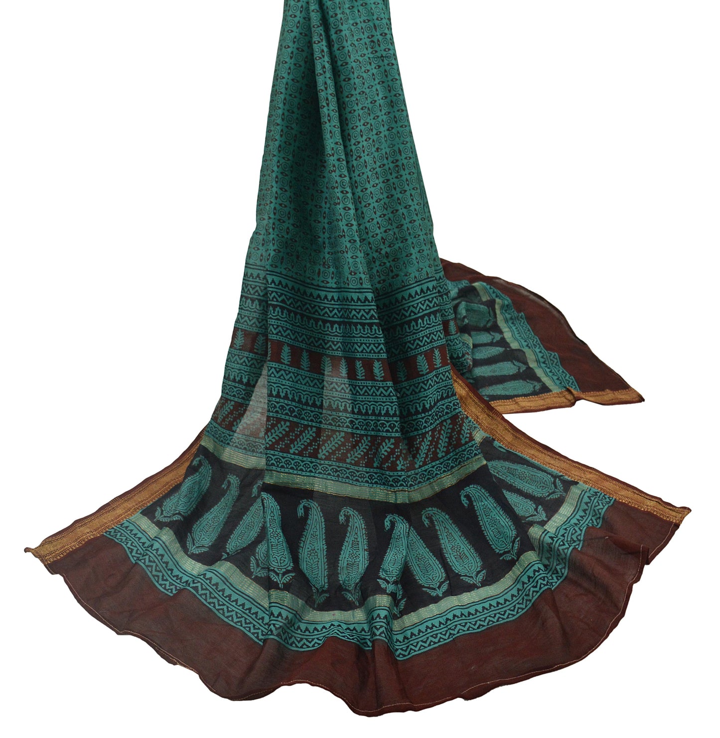 Indian Vintage Green Dupatta Long Stole Block Print Pure Chanderi Silk Scarves Veil Floral Design Upcycle Party wear hijab Zari Border