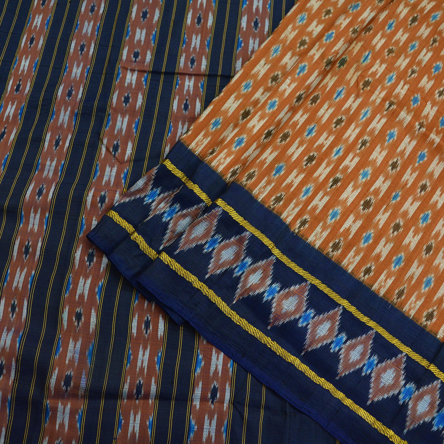 Indian Vintage Sari Saffron & Blue Pure Silk Hand Woven Ikat Patola Pochampally Sarees 5Yd Craft Fabric Ethnic Zari Border Bollywood Sarees