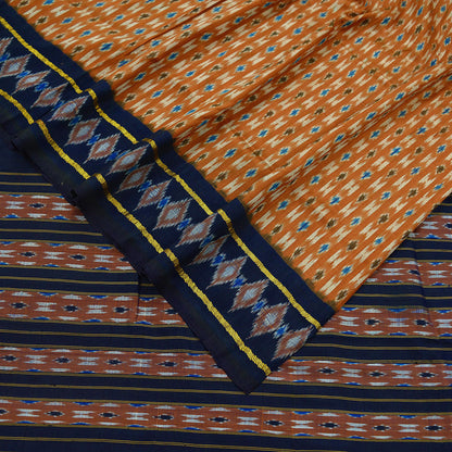 Indian Vintage Sari Saffron & Blue Pure Silk Hand Woven Ikat Patola Pochampally Sarees 5Yd Craft Fabric Ethnic Zari Border Bollywood Sarees